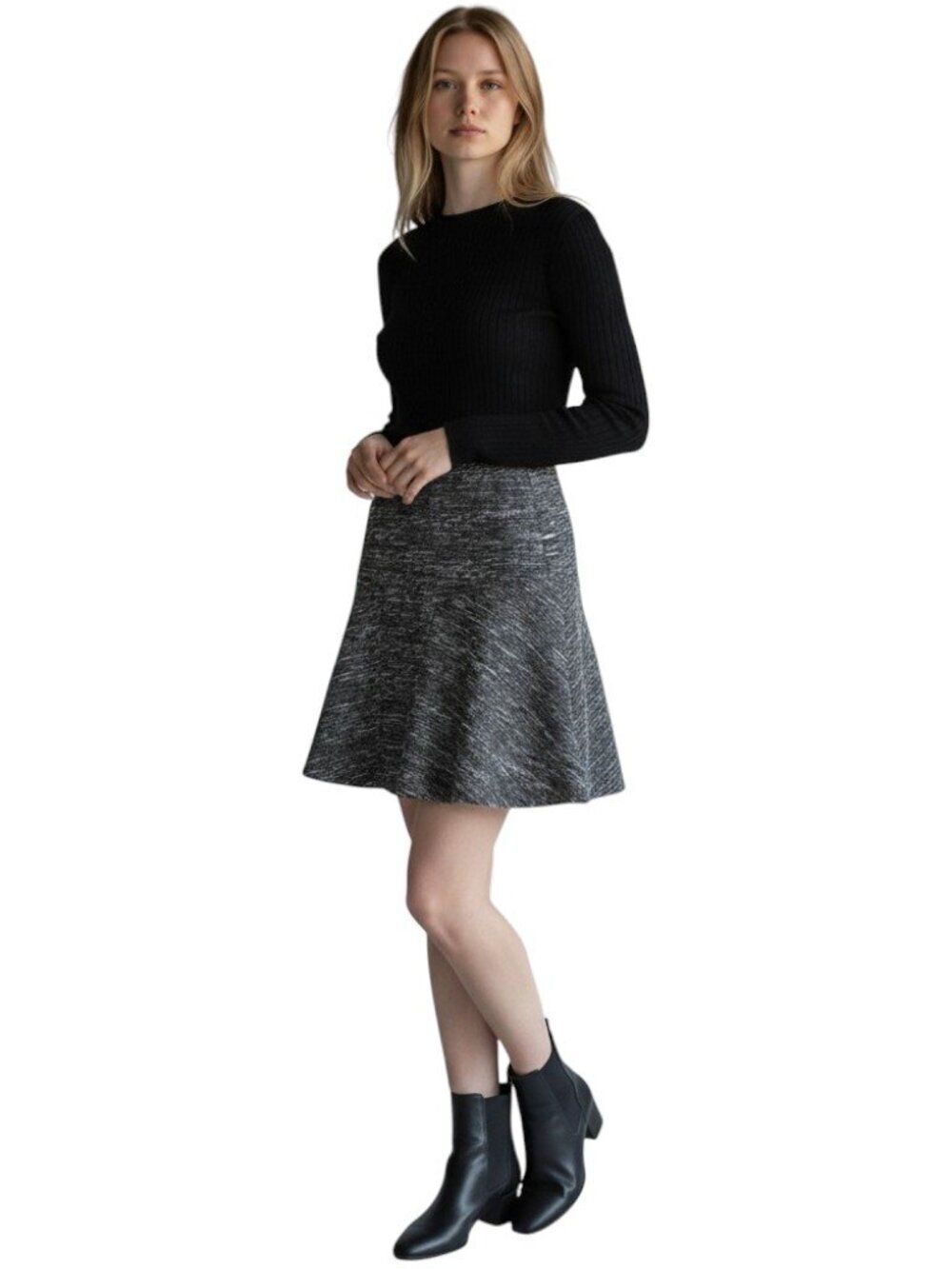 J Crew Plaza Tweed Flounce Flare Mini Skirt Black Silver Metallic Size 6